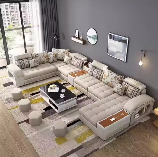 Linlamlim U型转角布艺沙发套装 - 现代客厅家具，带储物空间、内置边桌、USB接口和靠垫