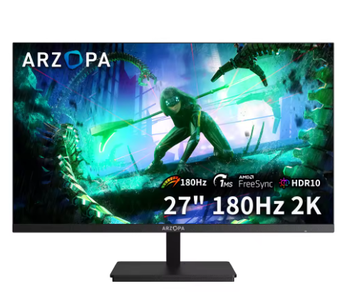全新 ARZOPA 27 英寸显示器，180Hz 刷新率，QHD 2K 分辨率，适用于 PC，2560*1400 分辨率，快速 IPS 面板，配备 Type-C 接口，支持三星 DeX 模式和 FreeSync 技术。
