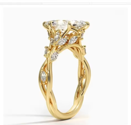 定制款 18K 纯金实验室培育马眼形钻石 2 克拉 E 色 VVS2 净度订婚戒指，搭配 10K 黄金镶钻藤蔓设计