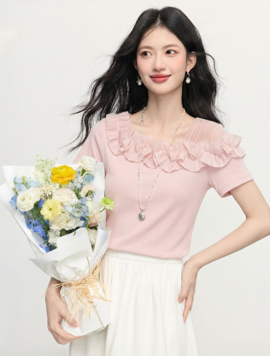 塔驰密司（touchmiss）网纱花边T恤女短袖26夏季新款拼接露肩显瘦百搭体恤上衣衫 樱花粉色 L